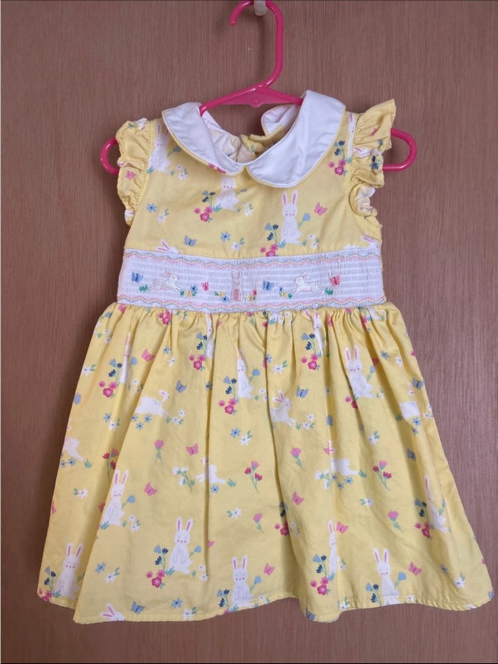 Yellow Bunny Print Smocked Peter Pan Collar Dress for Kids